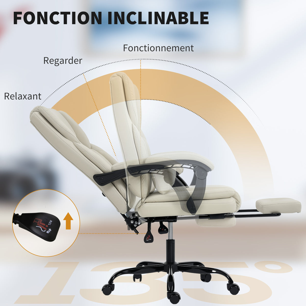 Chaise Bureau Ergonomique, Fauteuil de Bureau avec Dossier Inclinable, Hauteur Réglable, 65x67x111-119cm, Beige