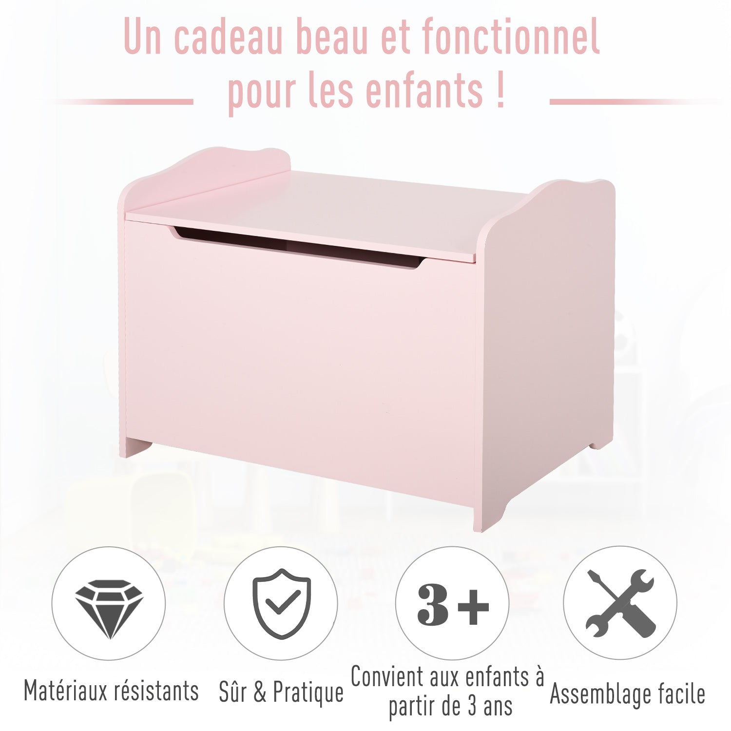 Coffres à Jouets pour Enfants Boîte à Jouets Malle de Rangement Dim. 60L x 40l x 48H cm Vérin Pneumatique MDF Rose