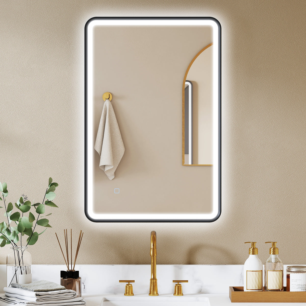 Miroir salle de bain avec éclairage 90 x 60 cm, miroir LED mural, anti-buée, 3 couleurs lumière, dimmable, noir