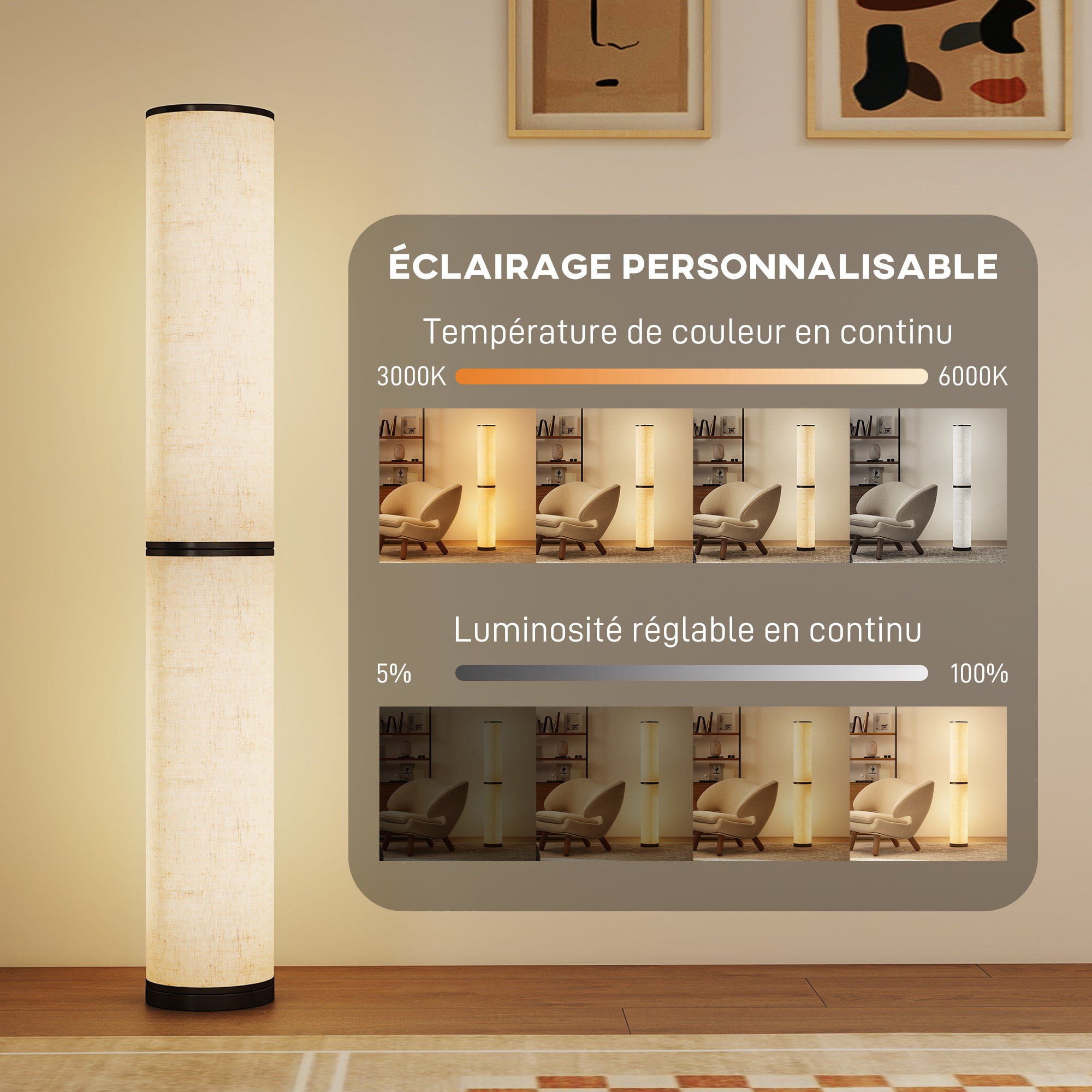 LED zutabe-lanpara, egongelarako zutabe-lanpara intentsitate aldakorrekoa, urruneko aginte magnetikoa, Ø 20 x 135 cm, beixa