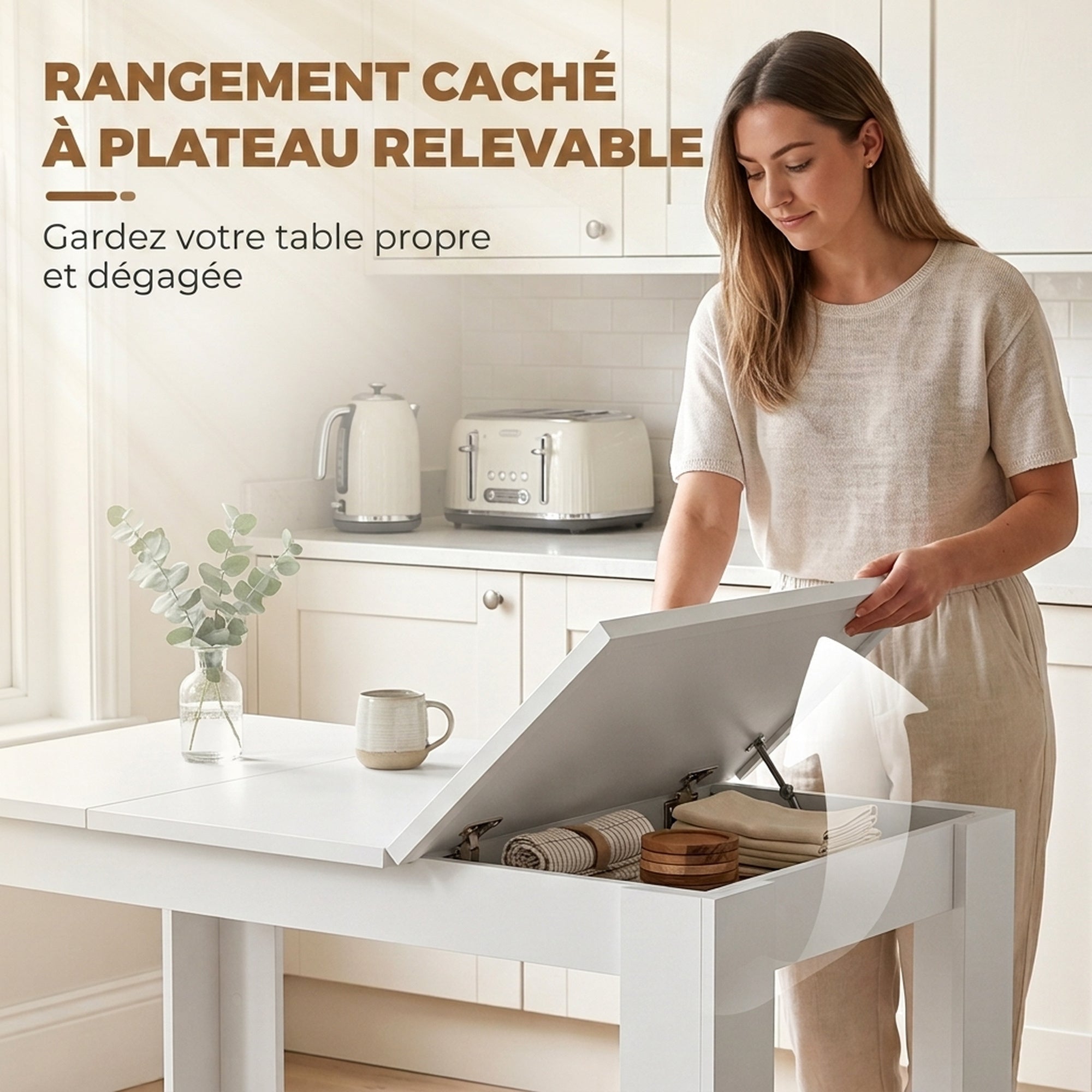 Tavolo da pranzo per 4 persone con piano sollevabile e vani portaoggetti nascosti, 120 x 60 x 75,5 cm, bianco