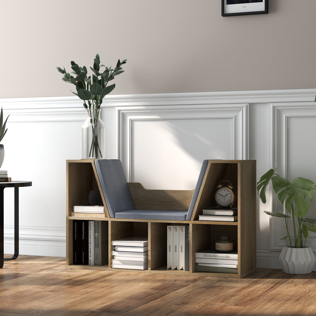 Bücherregal-Sitzbank 2-in-1, zeitgenössisches Design, 6 Fächer, inklusive 3 Kissen, 102L x 30B x 61H cm, Graue Eiche