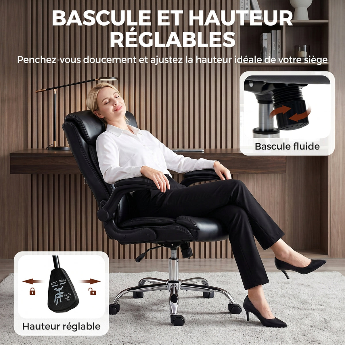 Chaise Bureau Ergonomique avec Accoudoirs Relevables, Fauteuil de Bureau en PU, Hauteur Réglable, Fonction Bascule, Noir