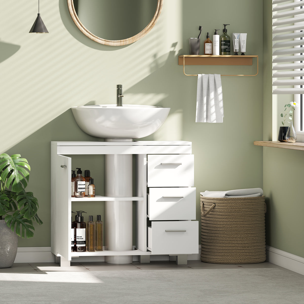 Meuble sous lavabo, meuble de salle de bain avec 3 tiroirs et porte à fermeture amortie, 70 x 30 x 64 cm, blanc