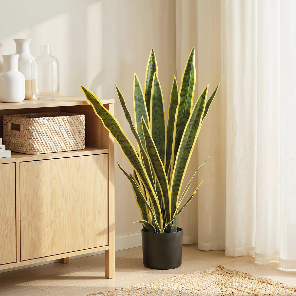 Plante Artificielle Sansevieria 77 cm avec 21 Feuilles Ajustables et Pot, Facile à Nettoyer, pour Bureau, Chambre, Vert