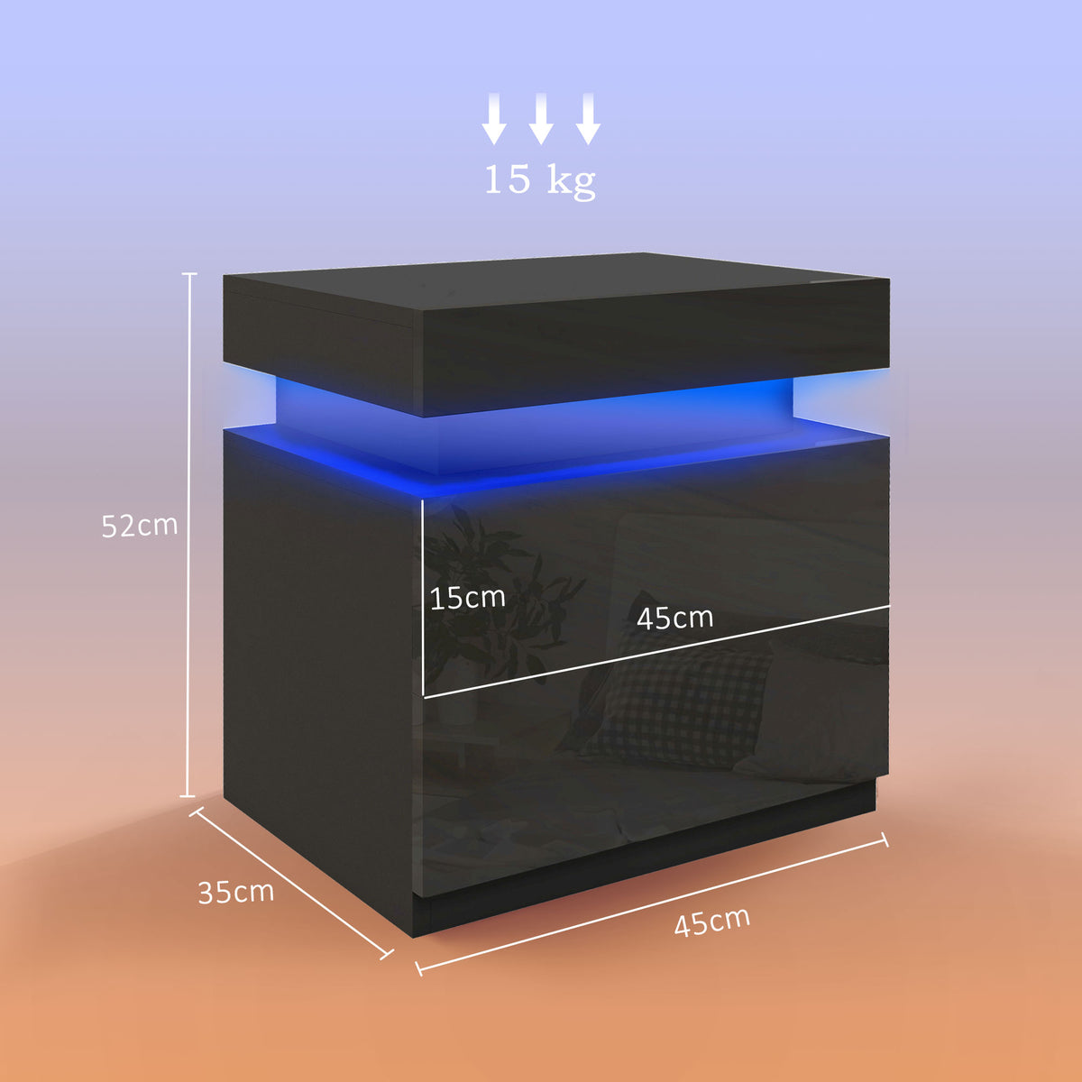 Comodino tavolino da notte con luce LED RGB, pannello lucido con 2 cassetti per soggiorno camera da letto nero