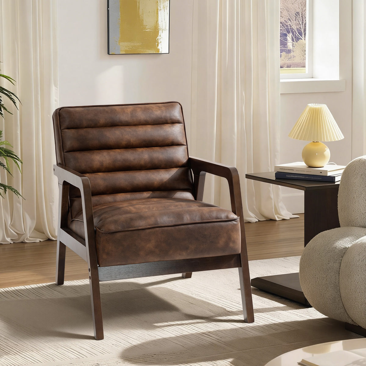 Fauteuil salon, fauteuil d'appoint rembourré en PU avec large assise, coussin épais et structure en bois massif, marron