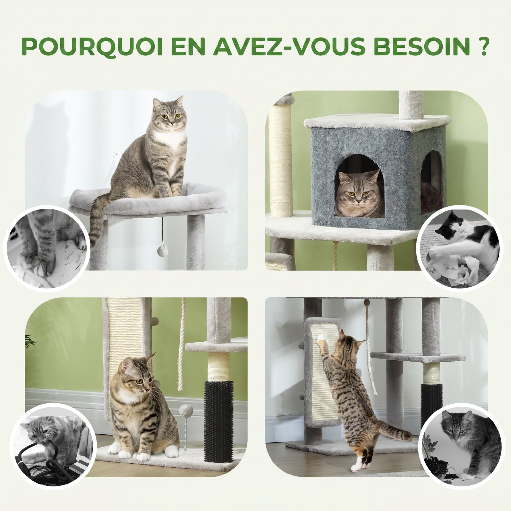 Arbre à Chat Tour de Jeux pour Chats Centre d'Activités avec Poteaux à Griffer en Sisal Niche Hauteur 132 cm Gris