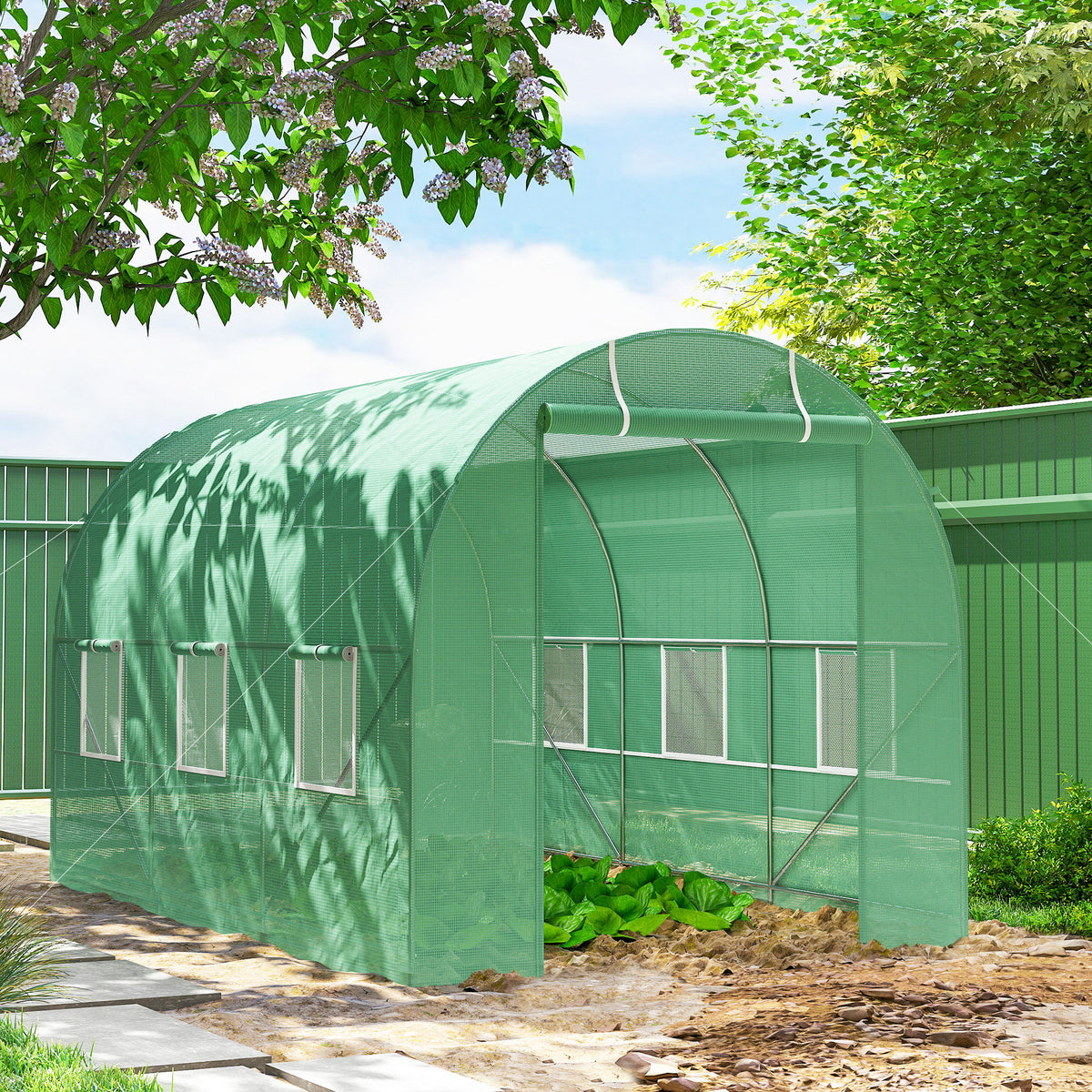 Serra da giardino a tunnel superficie suolo 7m² 3,5L x 2P x 2A m telaio tubolare rinforzato porta con zip 6 finestre avvolgibili verde