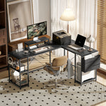 Bureau d'angle modulable réversible 168-240 cm style industriel - étagère réglable, sac de rangement, support d'écran