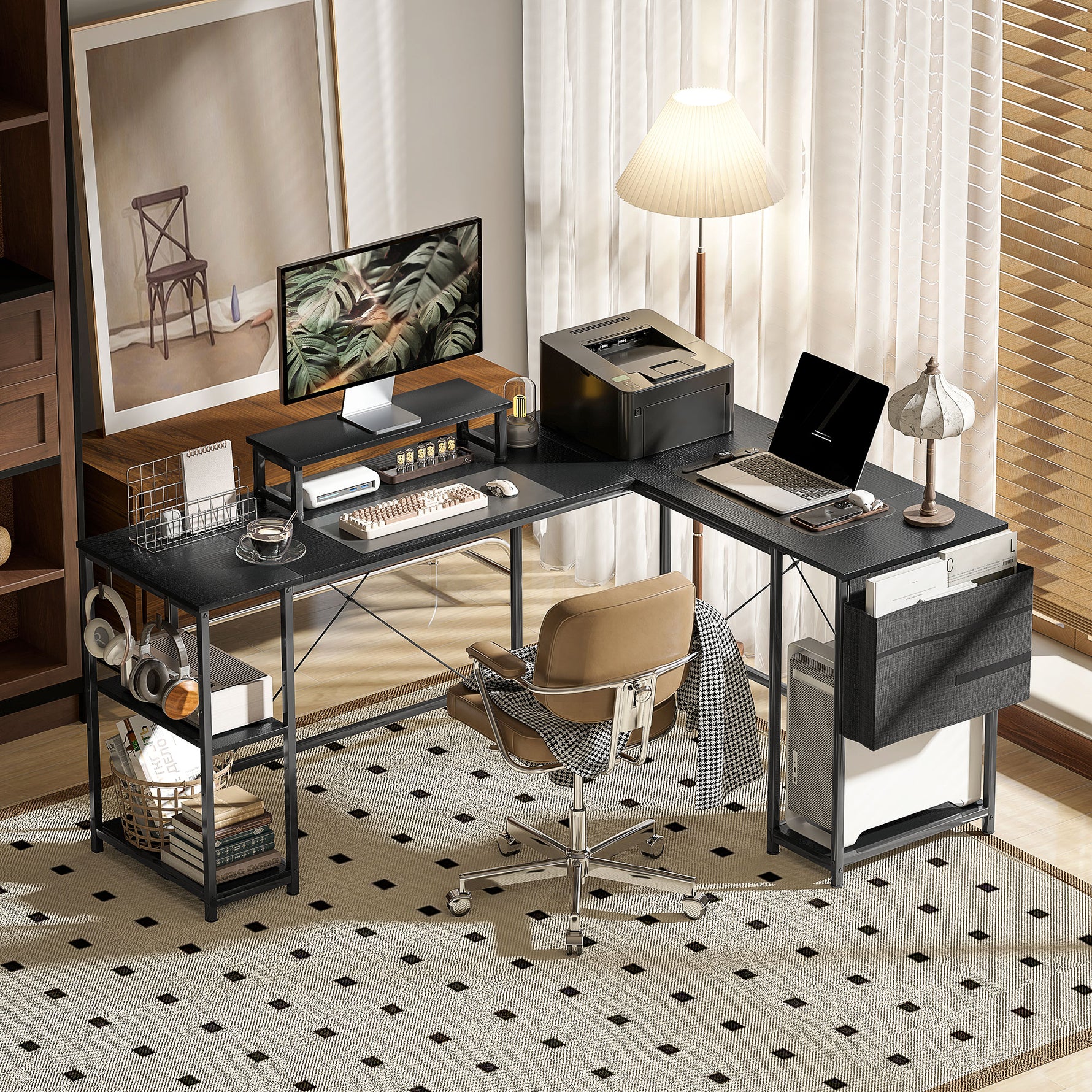 Bureau d'angle modulable réversible 168-240 cm style industriel - étagère réglable, sac de rangement, support d'écran