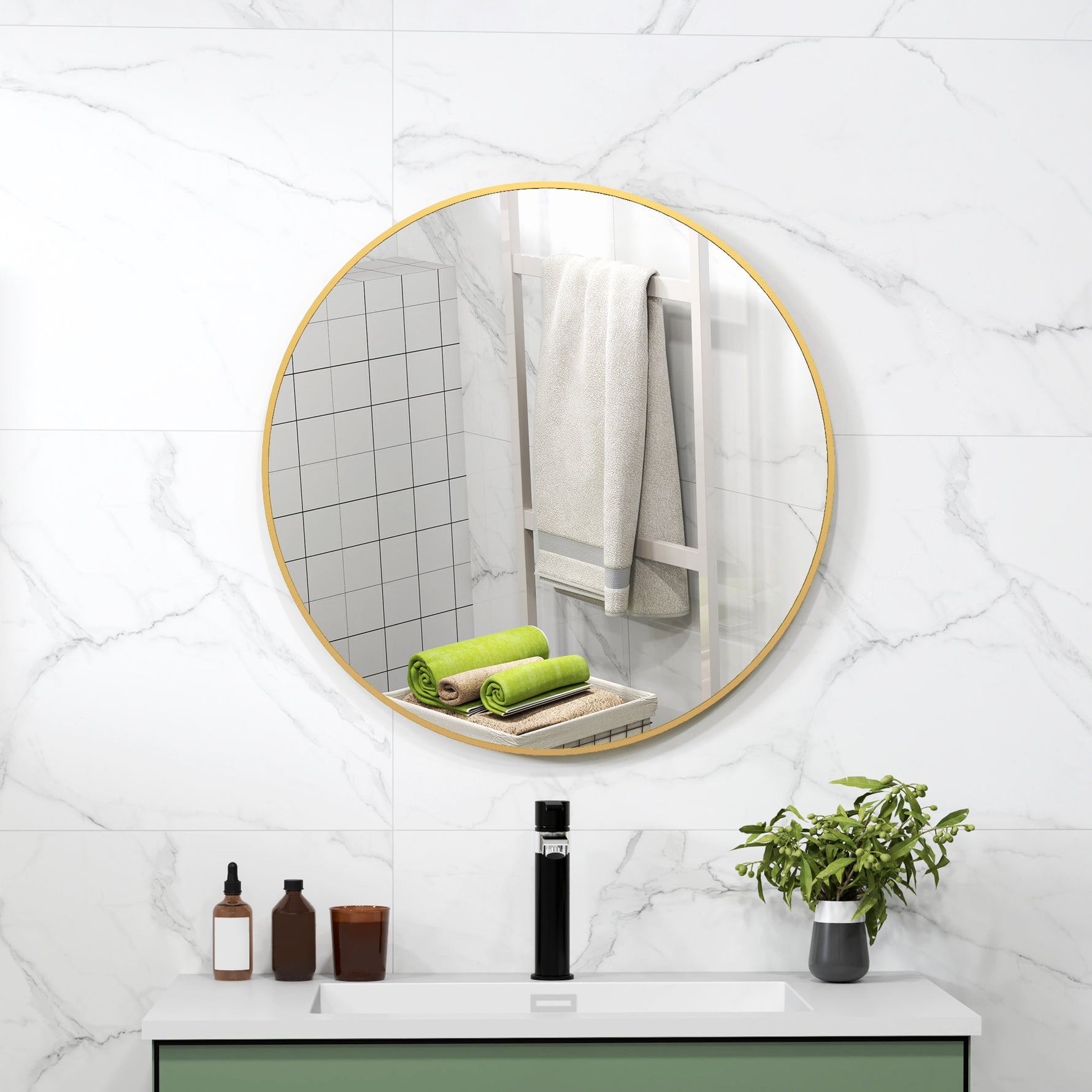 Miroir rond miroir salle de bain cadre en métal facile à installer, pour chambre, salon, entrée, Ø 70 x 2,5 cm or