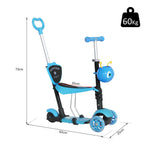 3 en 1 Trottinette pour Enfants Trottinette 3 Roues évolutive Hauteur Guidon réglable charge max. 50 Kg Canne télescopique Selle Dossier Amovible Bleu