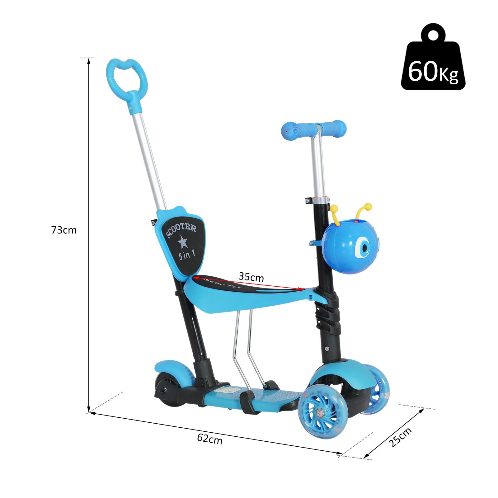 3 en 1 Trottinette pour Enfants Trottinette 3 Roues évolutive Hauteur Guidon réglable charge max. 50 Kg Canne télescopique Selle Dossier Amovible Bleu
