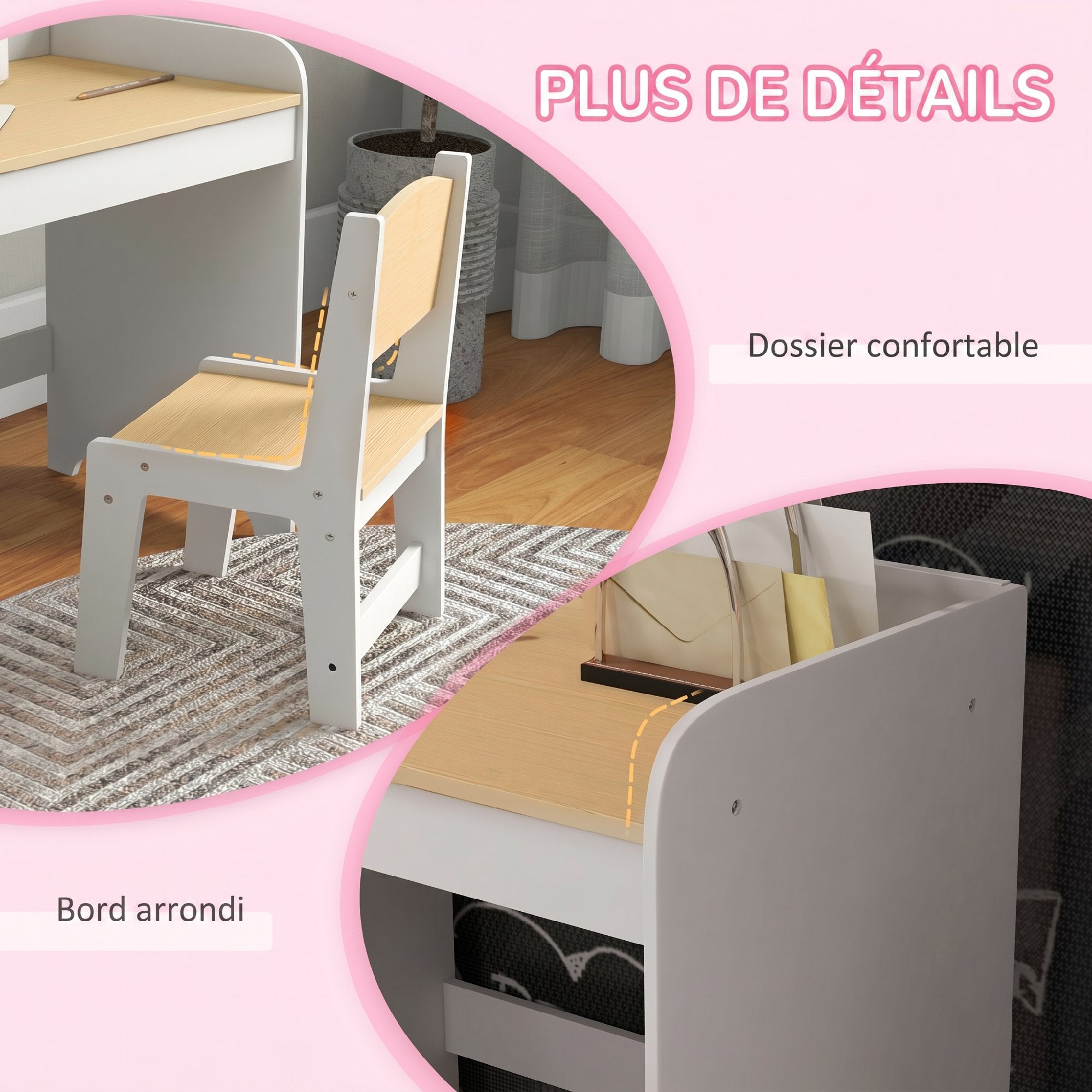 Bureau enfant avec chaise, table enfant avec tiroir, placard et large plateau, pour 3 à 6 ans, 80 x 39 x 59 cm, blanc