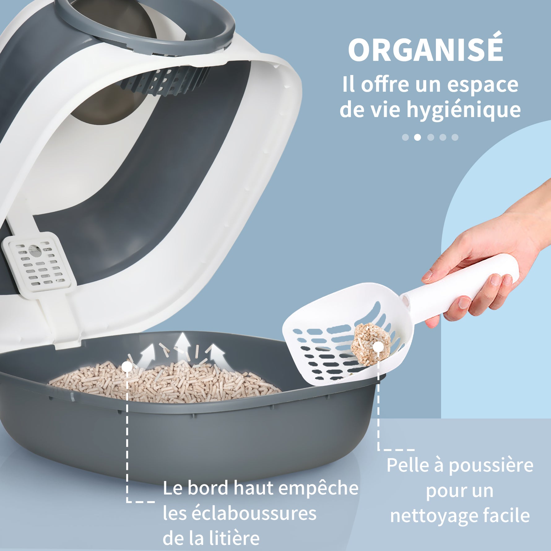 Maison de toilette pour chat pliable porte battante lucarne + pelle fournis 52 x 41 x 38 cm gris blanc