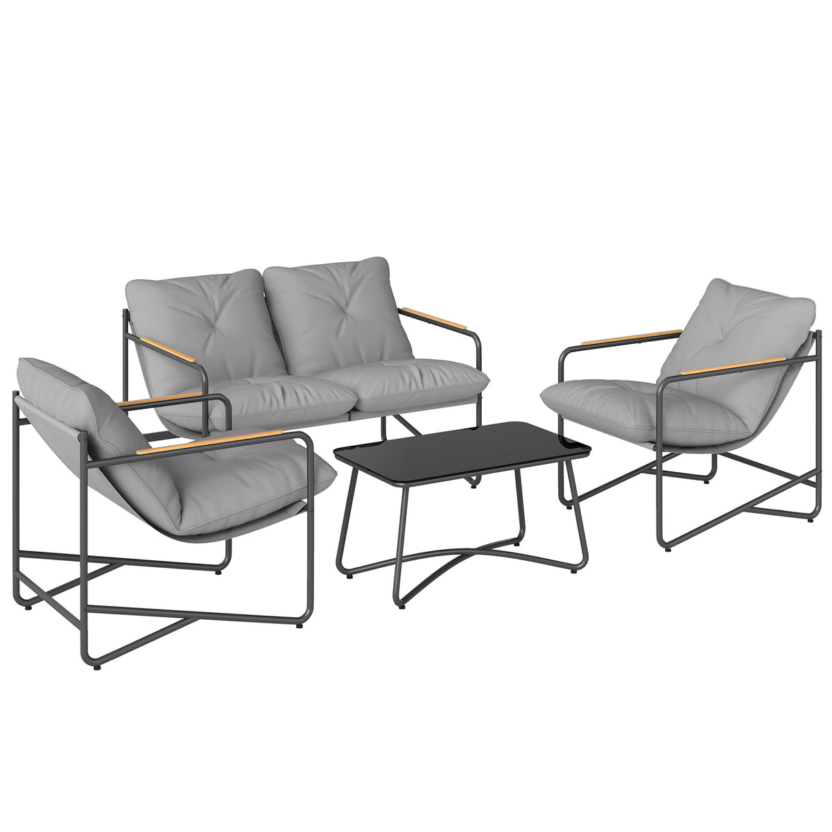 Set da giardino 4 pezzi con divano a 2 posti, 2 poltrone e tavolino in vetro temperato, cuscini da 13 cm, grigio chiaro