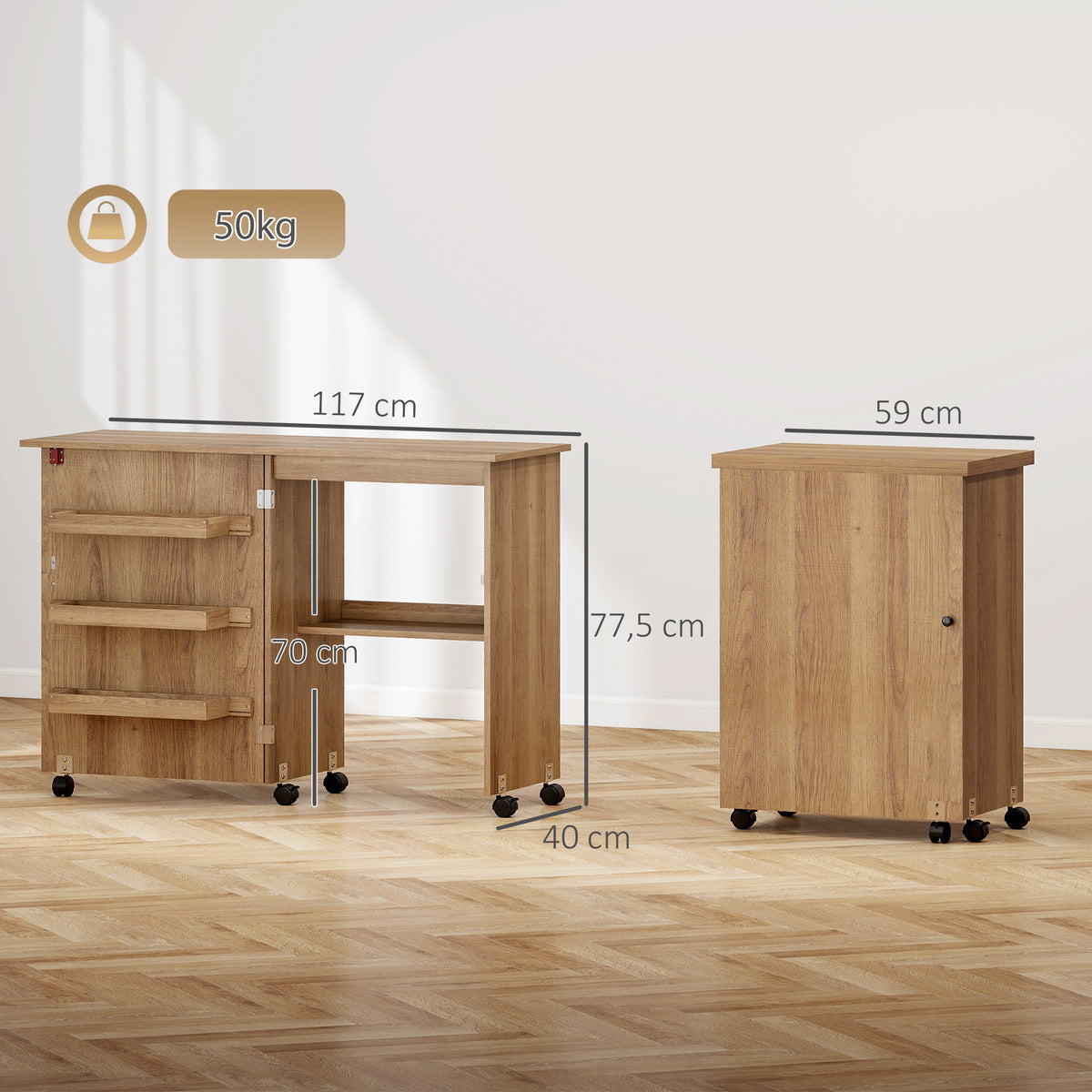 Mesa de costura plegable, mueble de costura abatible con cajones de almacenamiento, estante abierto y ruedas, marrón