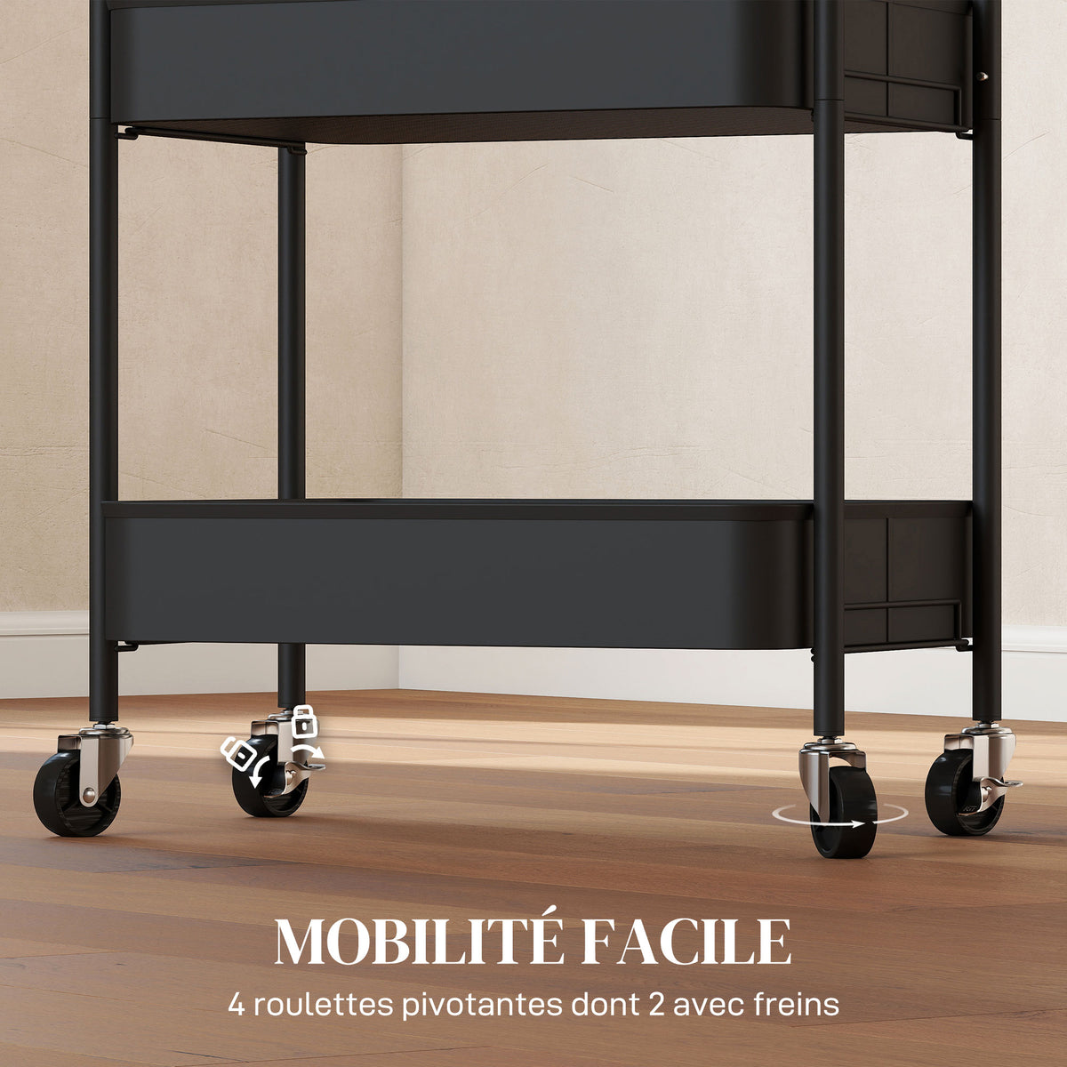 Desserte chariot de rangement en acier chariot de service à roulettes 3 plateaux ajourés 45 x 30,6 x 79 cm noir