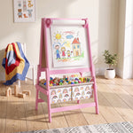 3-in-1 Dubbelzijdige Kinderezel, Lessenaar en Witbord, Papierrol, Manden, Plank, 3-8 Jaar, Roze