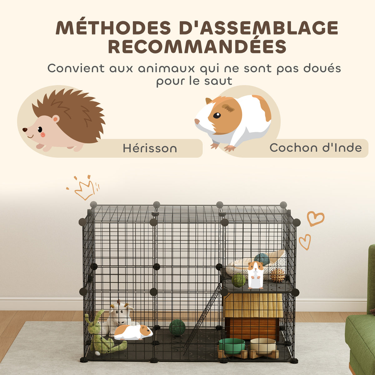Enclos pour petits animaux, cage à lapin modulable 3 niveaux, 39 panneaux avec  rampes, en métal, 70 x 70 x 105 cm, noir