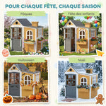 Cabane enfant extérieur en bois, maison enfant extérieure/intérieure avec porte, fenêtres, 3 bacs à fleurs, jaune