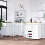 Carrello da cucina multi-ripiano, 2 armadietti, cassetto, portabottiglie da 9 posti, MDF bianco, piano in legno di gomma