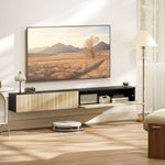 Meuble TV suspendu 140cm, meuble télé pour téléviseur 72 pouces, 2 portes rabattables, 140x25x22cm, bois naturel et noir