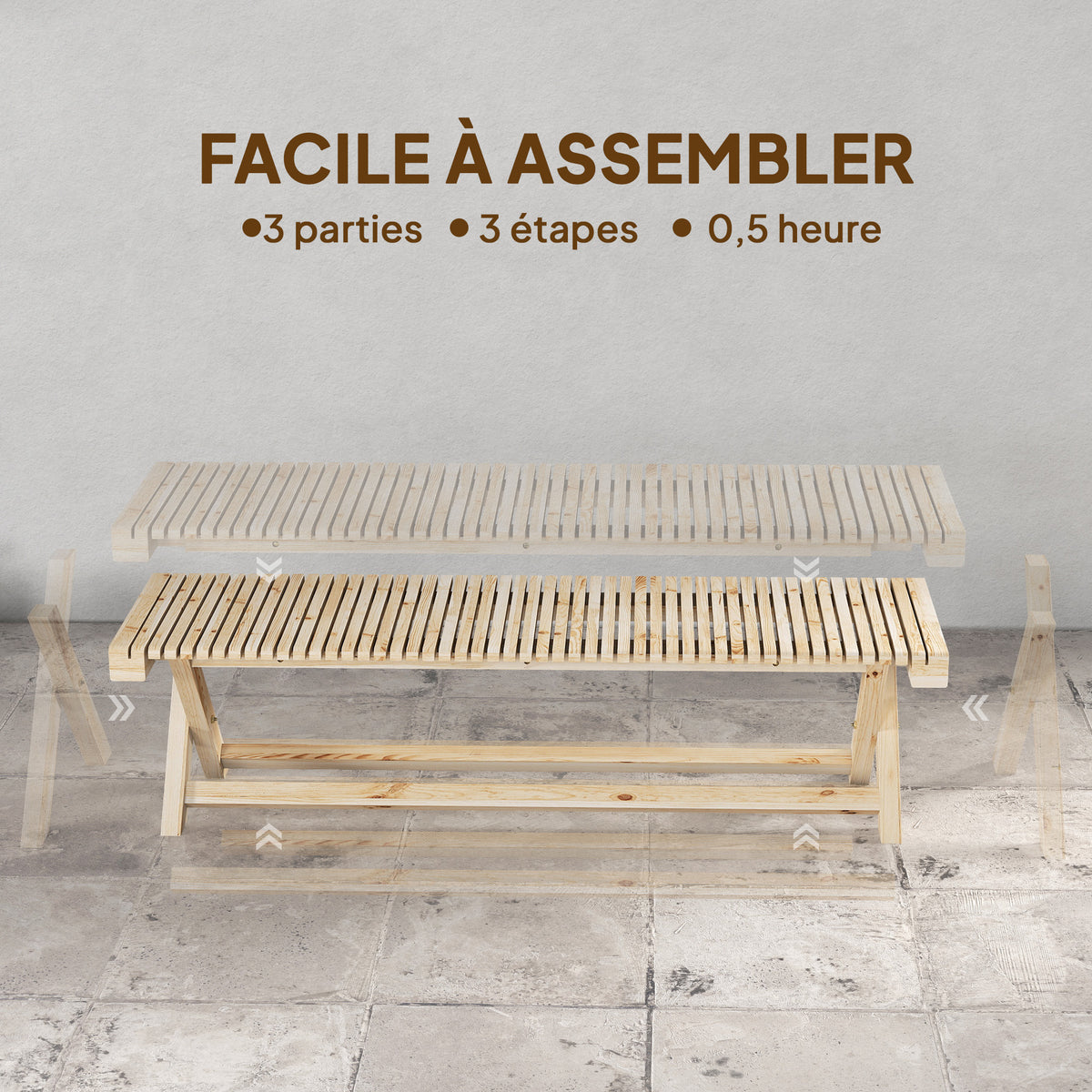 Banc de Jardin en Bois massif, Banquette de Jardin avec Assise à Lattes Effet Bois, 140 x 40 x 43 cm, Bois Naturel