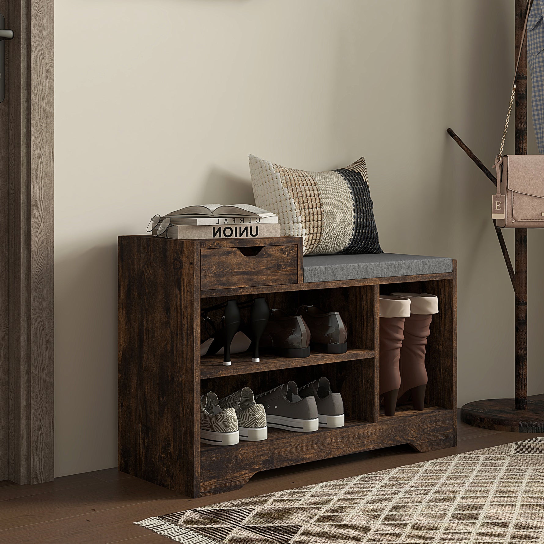 Meuble et Banc à Chaussures, 1 Tiroir et 3 Compartiments, Capacité 5 Paires, MDF, 76,5 x 30 x 52 cm, Marron