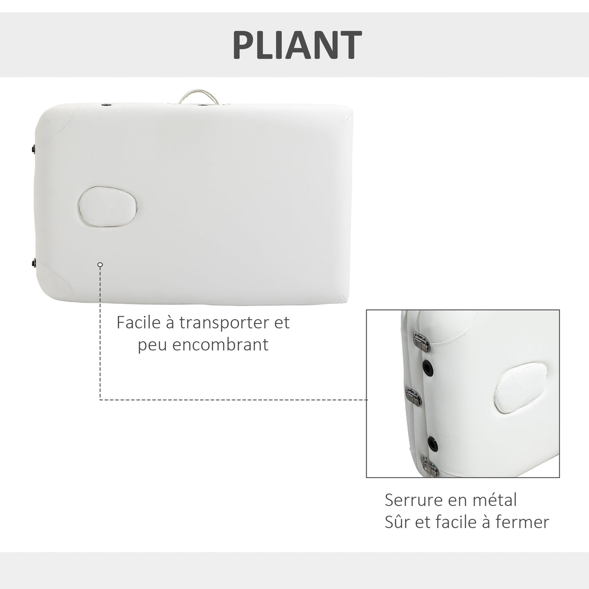 Table de massage 3 zones pliante cosmétique portable charge max. 225 Kg hauteur réglable cadre en alliage blanc