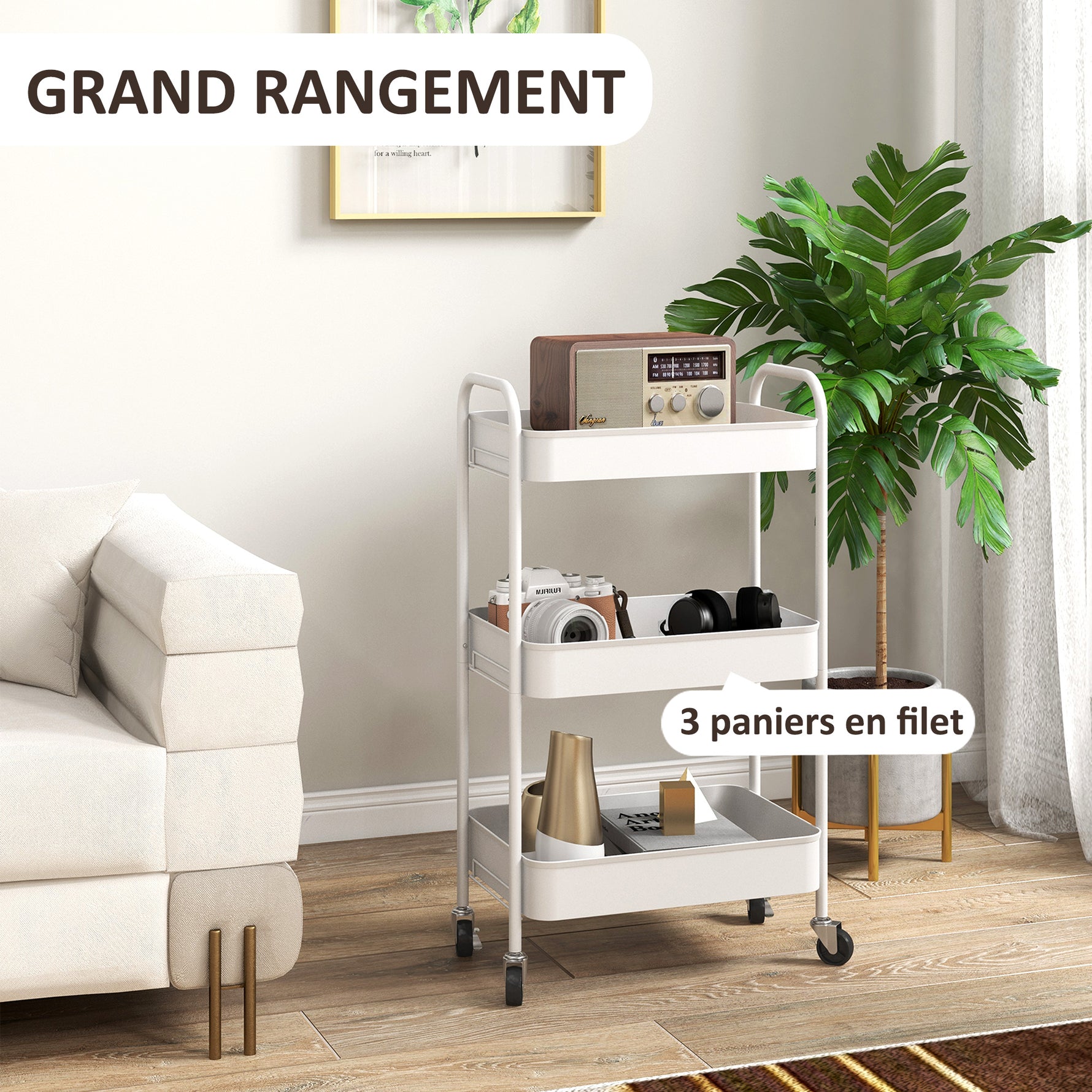 Desserte chariot de rangement en acier chariot de service à roulettes 3 plateaux ajourés 45 x 30,6 x 79 cm blanc
