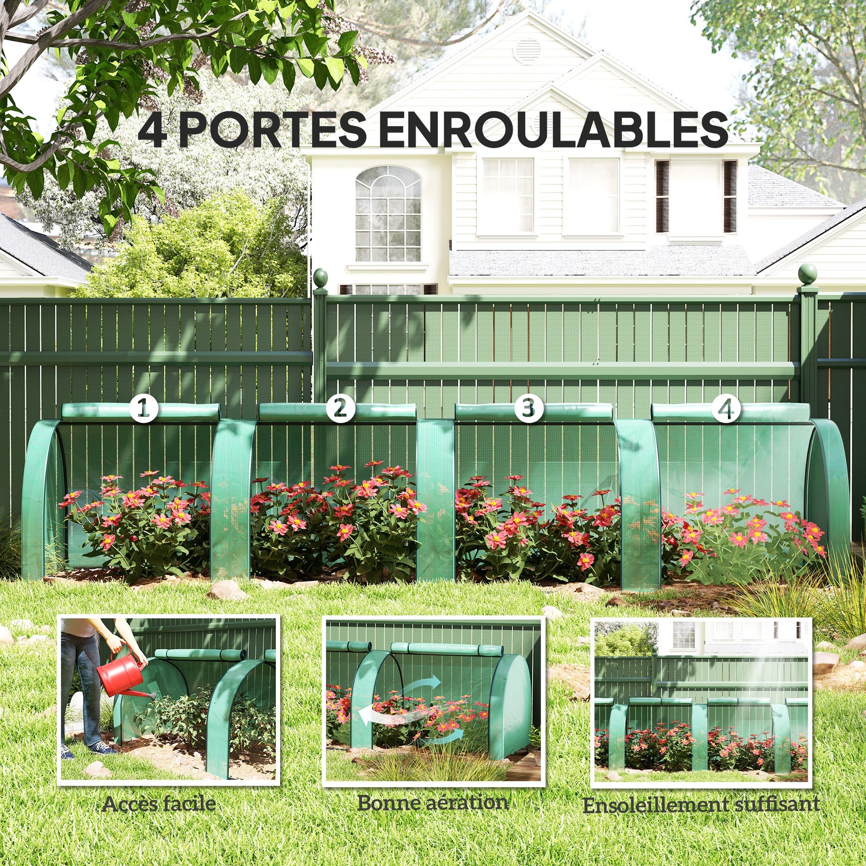 Mini serre de jardin serre à tomates 4 x 1 x 0,80 m acier PE anti-UV 4 portes avec zip enroulables vert