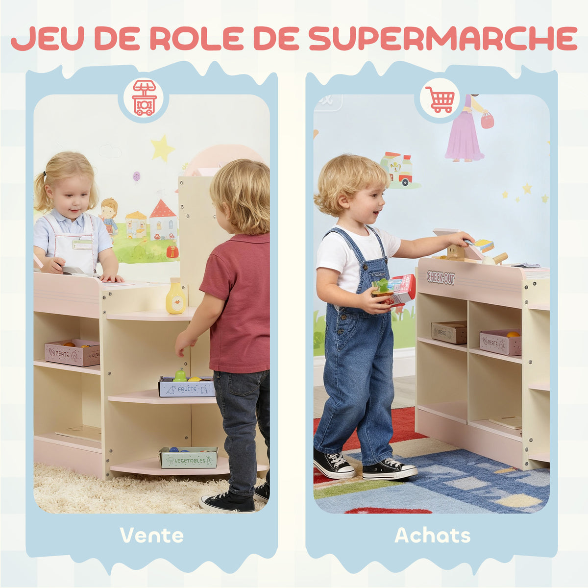 Supermarché pour enfant, marchande en bois, caisse enregistreuse, distributeur et accessoires, 90,7x60x73,8cm, vert