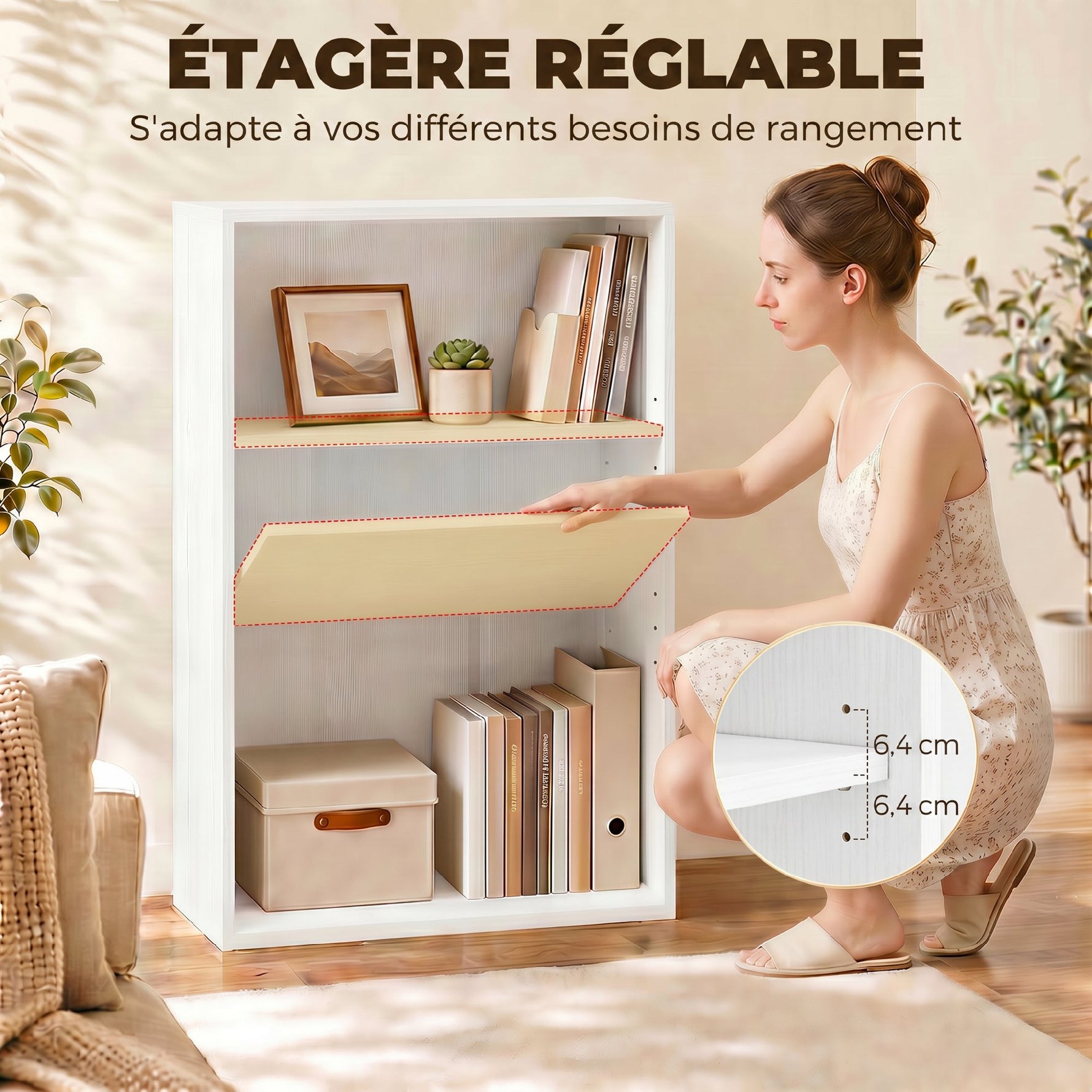 Bibliothèque étagère de rangement avec 3 compartiments et étagère réglable, 60 x 24 x 93 cm, blanc