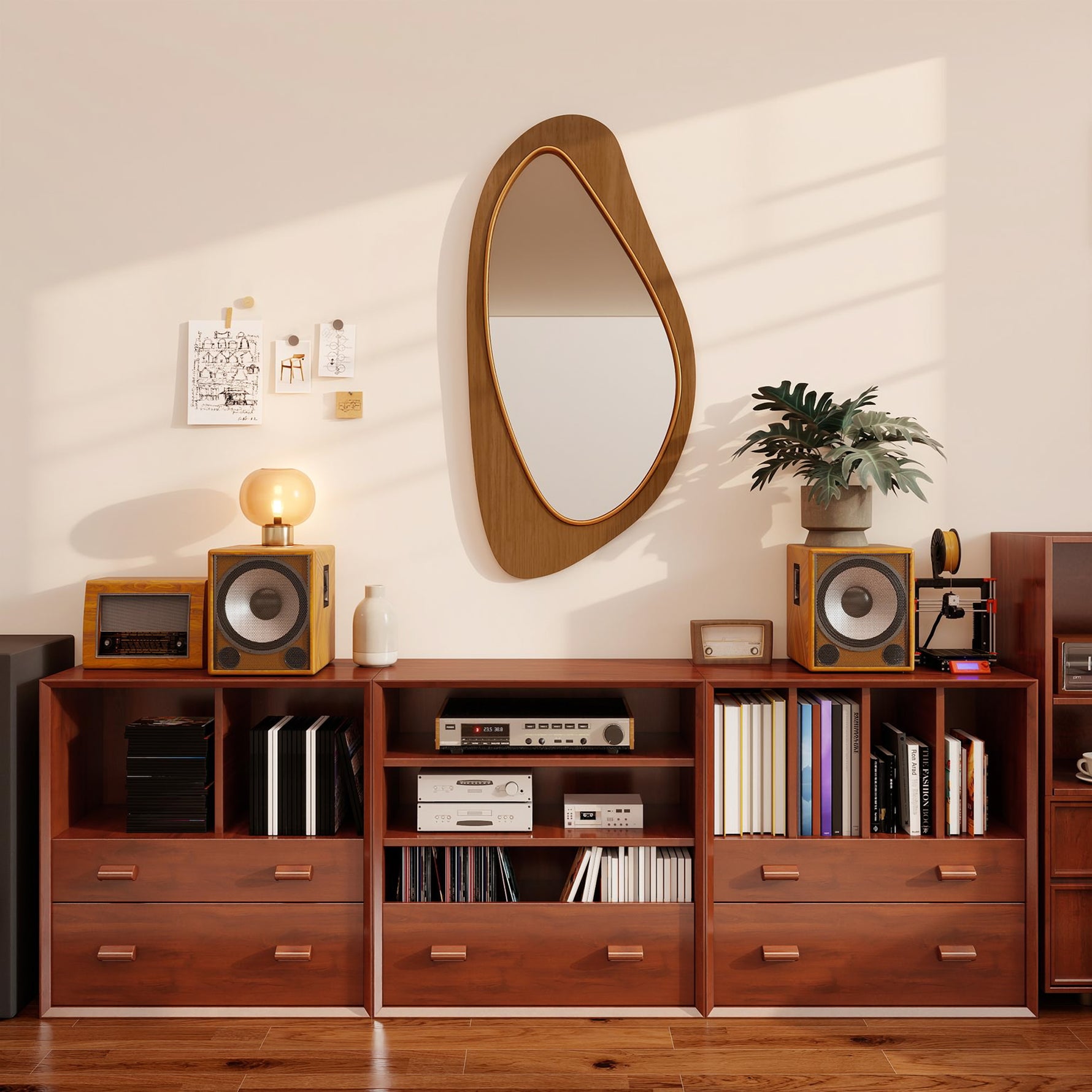 Miroir mural asymétrique 91,5 x 45 cm, miroir suspendu moderne, cadre en bois, effet bois naturel