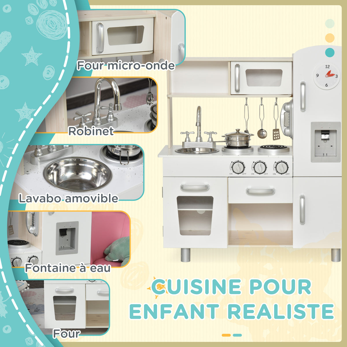 Cuisine Bois Jeu d'imitation - Cuisine Enfant - Nombreux Accessoires & rangements Inclus - MDF pin Blanc chêne Clair