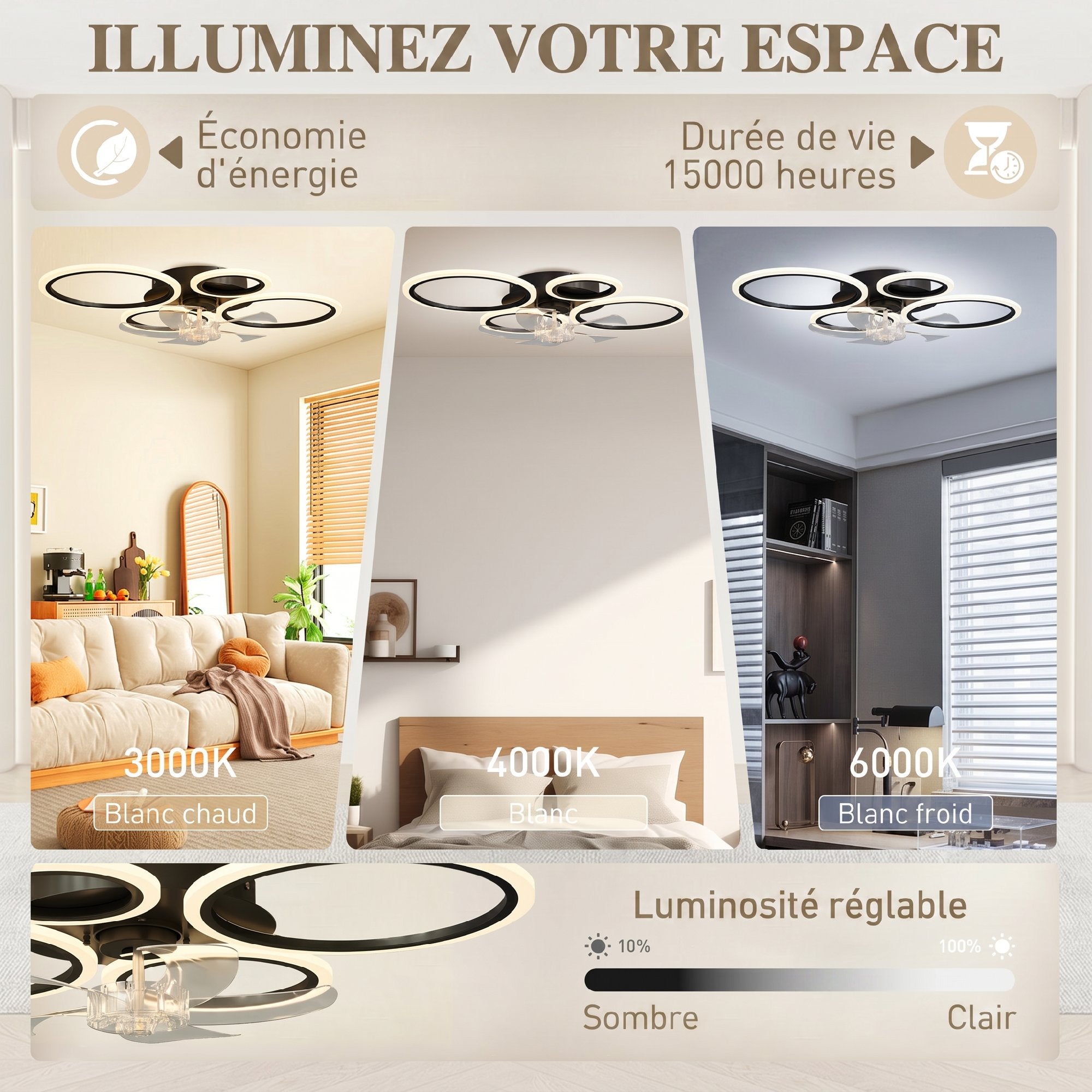 Ceiling fan with light and remote control, 77 cm ceiling fan light with 6 speeds, black