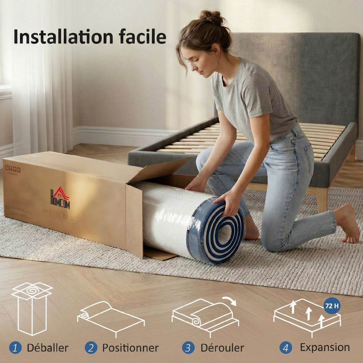 Matelas 90x190cm, matelas 1 personnes, mousse à mémoire de forme au thé vert, housse amovible lavable, fermeté moyenne
