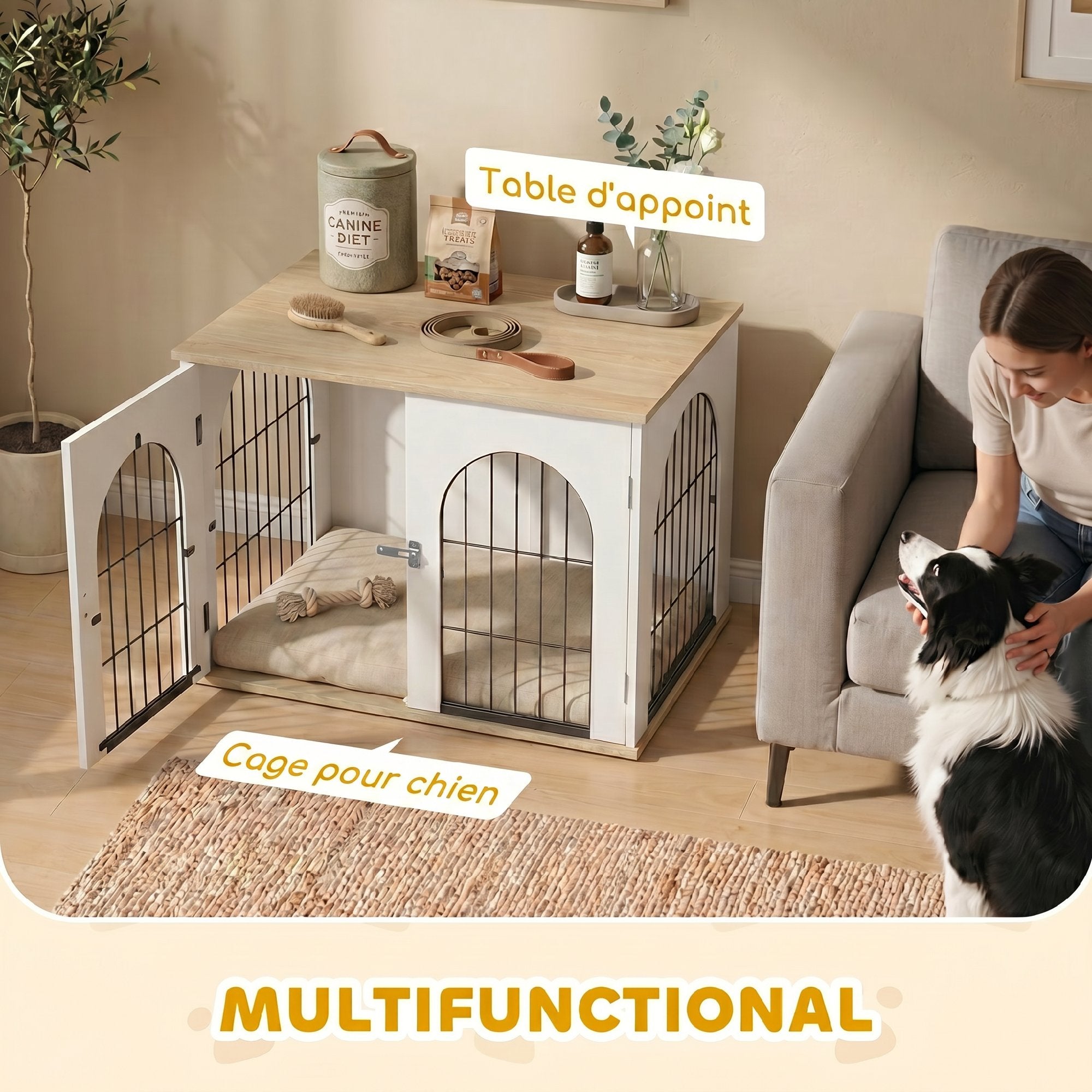 Cage pour Chien Meuble Cage Chien Intérieur Arche avec Double Porte comme Table d'Appoint en Métal 80x56x59cm Blanc