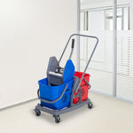 Professioneller Reinigungswagen mit Backenpresse, 2 Eimern à 25 l, 73 L × 45 B × 92 H cm, Kunststoff, grau/blau/rot