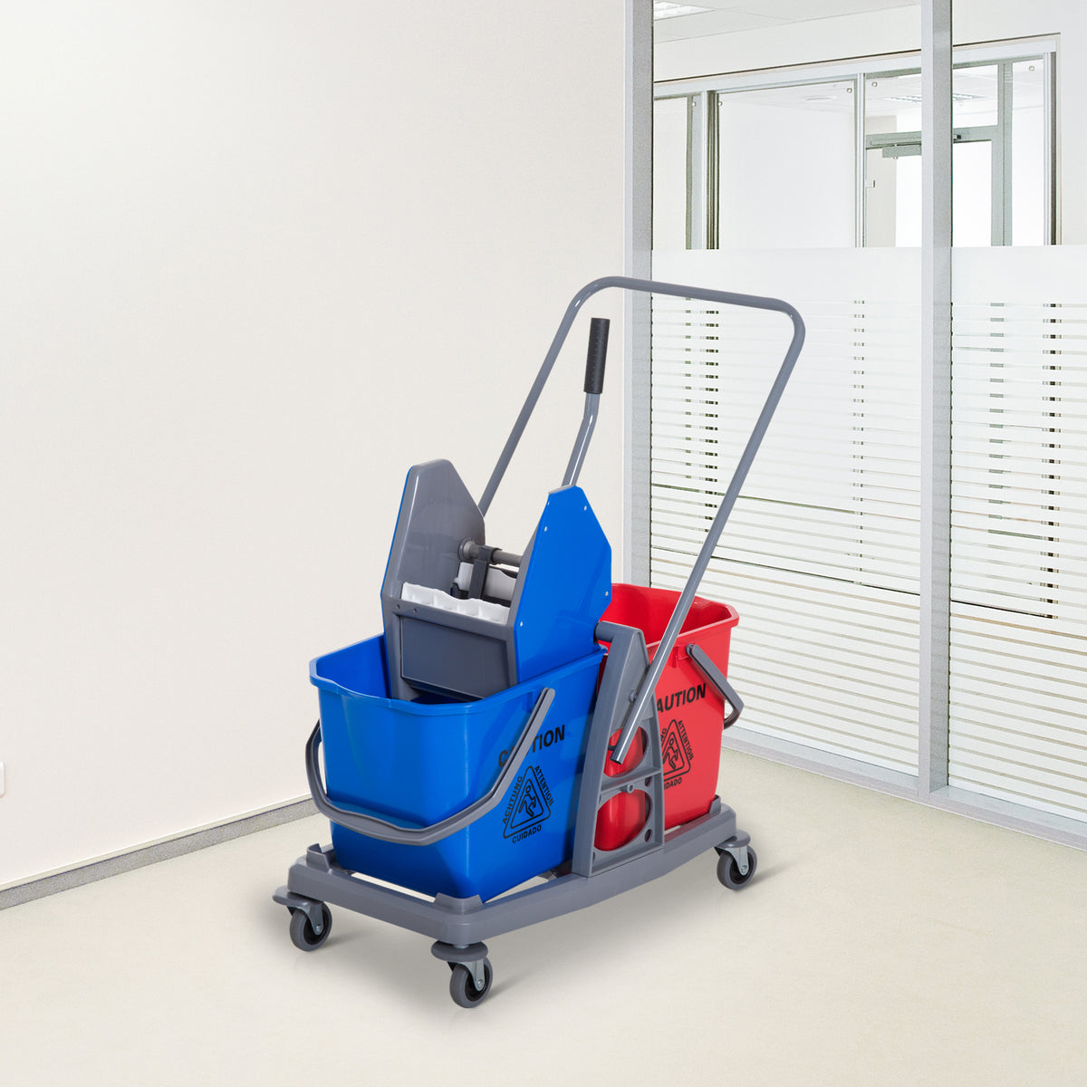 Professioneller Reinigungswagen mit Backenpresse, 2 Eimern à 25 l, 73 L × 45 B × 92 H cm, Kunststoff, grau/blau/rot