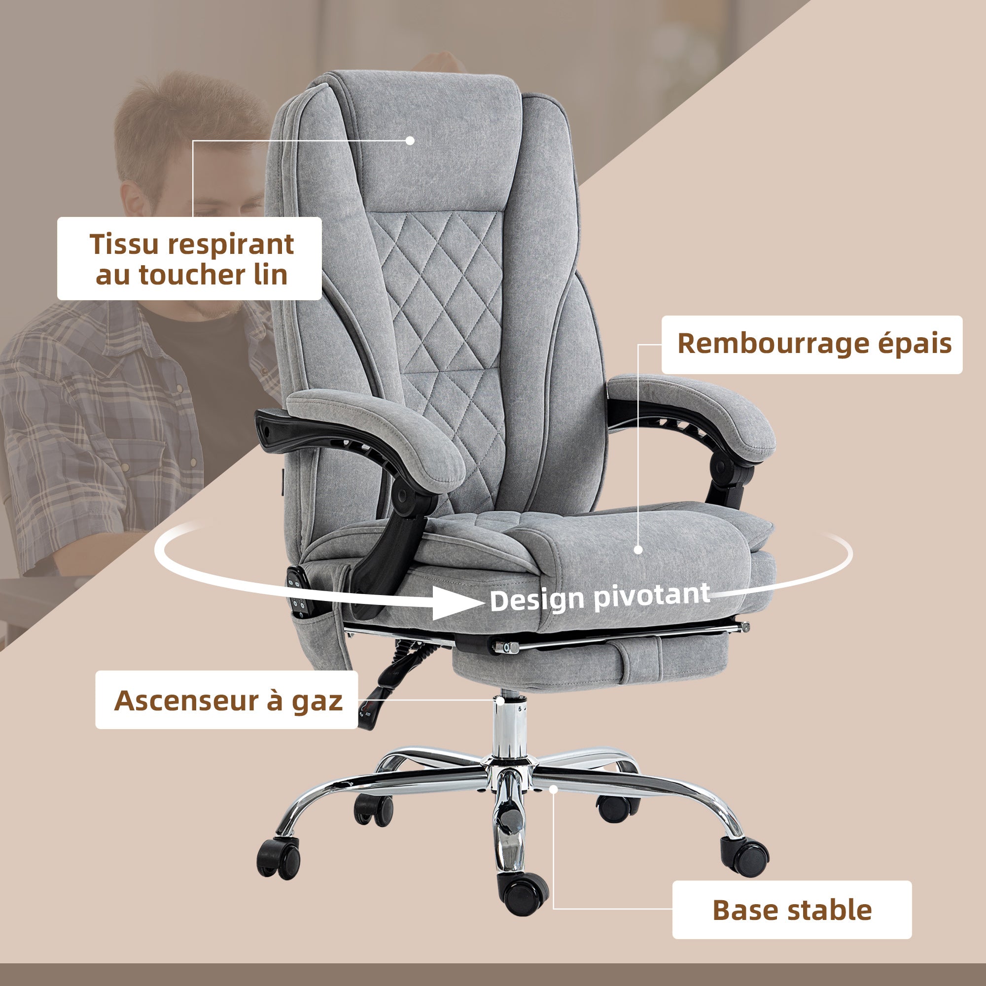 Fauteuil de bureau massant et chauffant hauteur réglable dossier inclinable télécommande repose-pieds rétractable gris