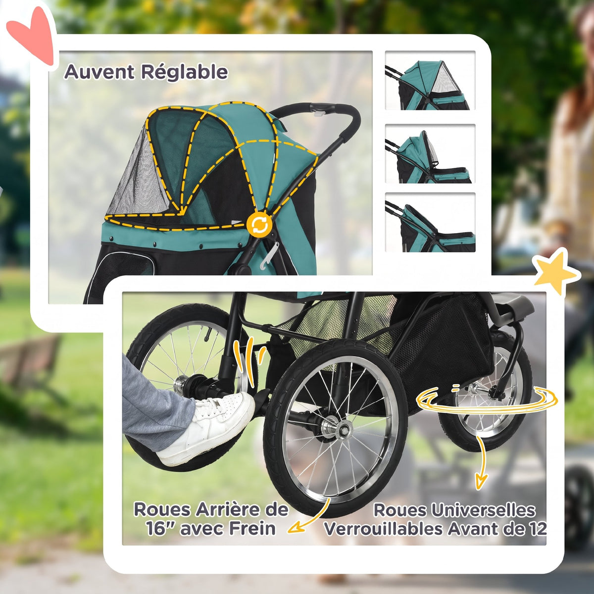 Poussette pour Chien Pliable Tout Terrain, Roue Avant Verrouillable, Coussin, Auvent Réglable, 111x58x107cm, Vert Foncé