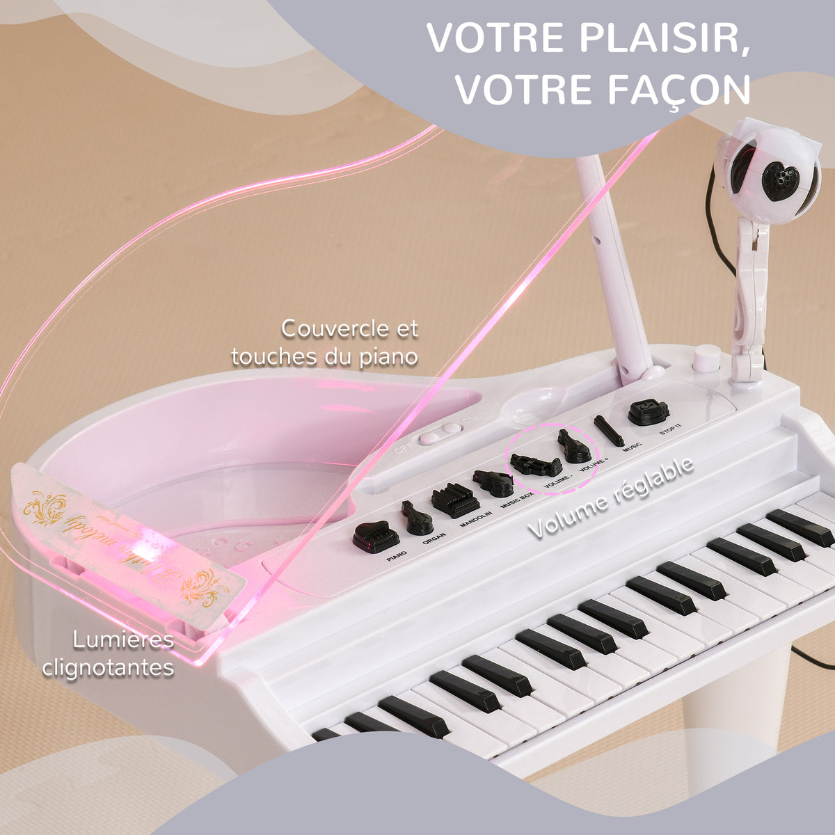 Piano enfant électronique 32 touches multifonctions avec micro haut parleur tabouret couvercle lumineux LED blanc