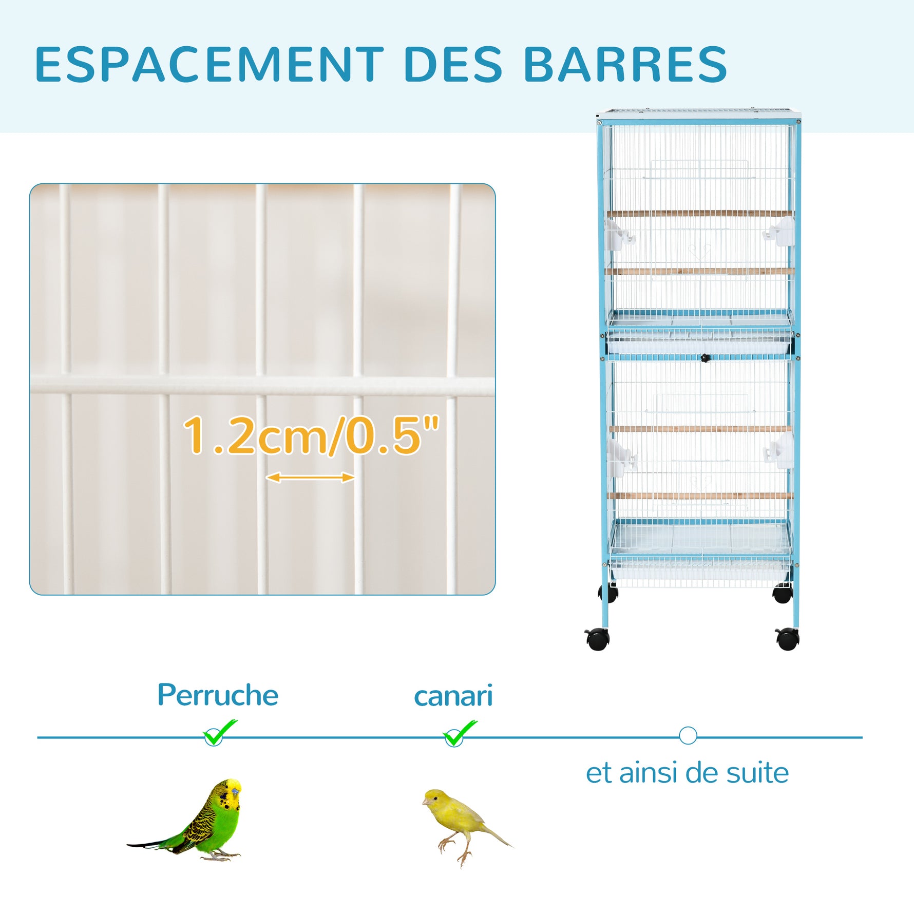 Grande Cage à Oiseaux sur Pied Double avec Mangeoires Perchoirs Plateau Amovible Roulettes 51,5 x 50 x 140 cm Bleu Clair