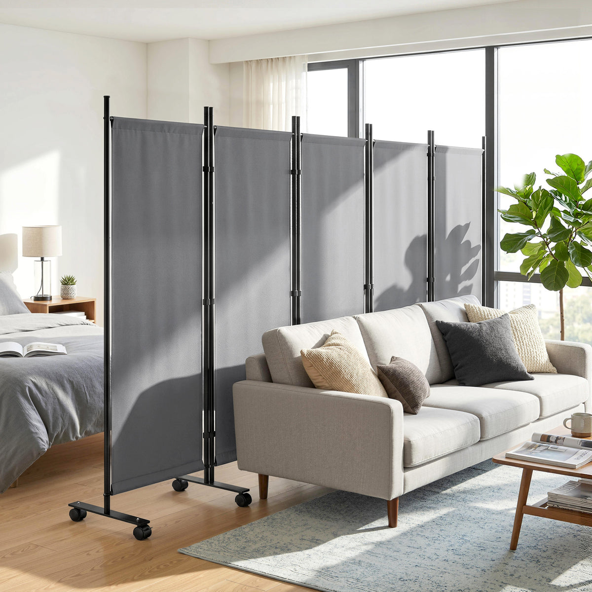 Paravent 5 Panneaux 252x170cm, Paravent Pliant avec 12 Roulettes et Clips de Connexion, Acier et Polyester, Gris Foncé