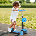 3 en 1 Trottinette pour Enfants Trottinette 3 Roues évolutive Hauteur Guidon réglable charge max. 50 Kg Canne télescopique Selle Dossier Amovible Bleu