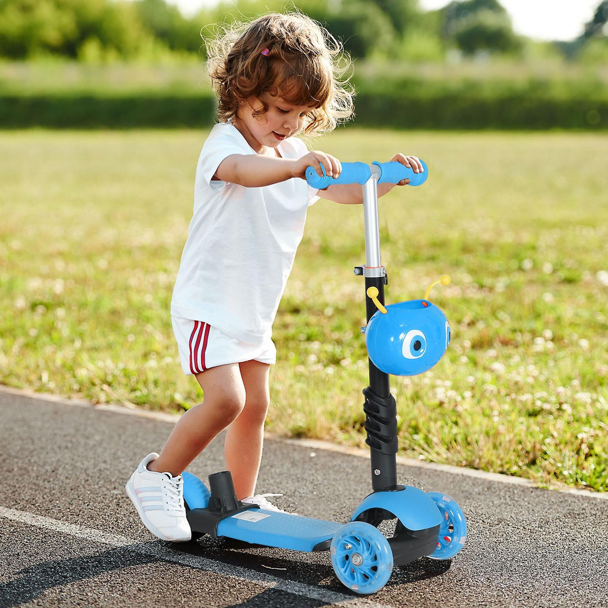3 en 1 Trottinette pour Enfants Trottinette 3 Roues évolutive Hauteur Guidon réglable charge max. 50 Kg Canne télescopique Selle Dossier Amovible Bleu