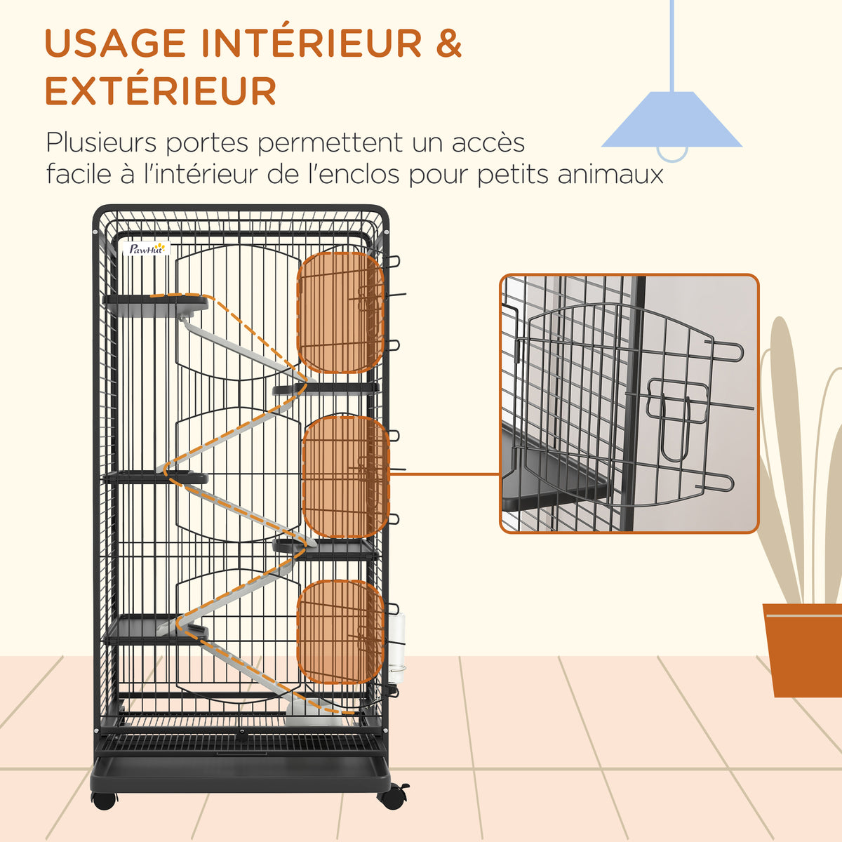 Cage pour Petits Animaux Roulante 5 Rampes 5 Plates-formes Plat et Bouteille d'Eau 250 ml Bac Inférieur Amovible